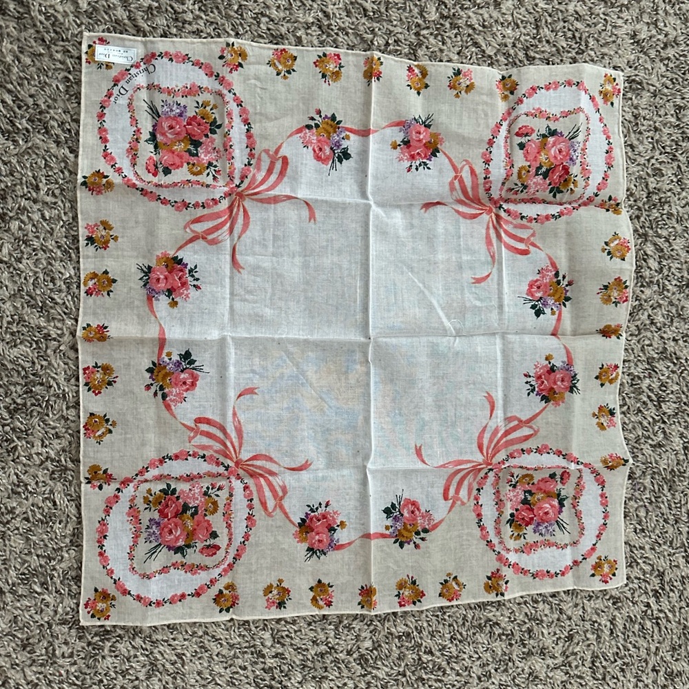 Christian Dior Floral Handkerchief scarf with Pink and Red Accents